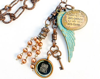 Sweet Sixteen/ Copper and Turquoise, Long, Feather, Sixteen, Detailed Chain Necklace