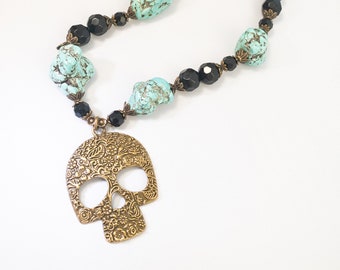 Sugar Skull Necklace | Antique Bronze Sugar Skull | Day of The Dead | Día de los Muertos | Halloween Jewelry | Halloween Necklace | Skull