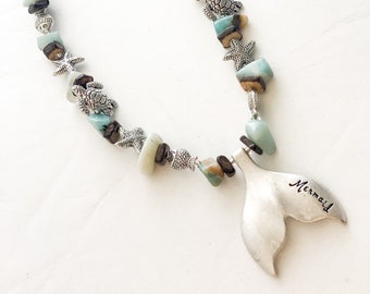 Mermaid Tail/Silver Mermaid Tail Starfish Seaturtle/Aqua Stone/Driftwood/Silver Necklace and Earring Set