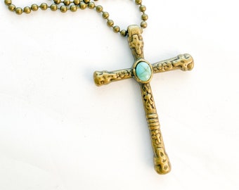 Pewter, Antique Bronze Cross with Turquoise Detail.