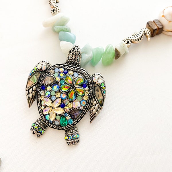 Sea My Turtle / Jeweled Seaturtle/Silver Seahorse/ Sea Glass/Driftwood/ Beach Vacation Necklace