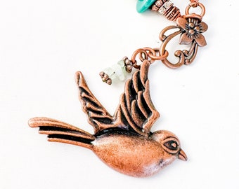 Copper Bird | Jade Bead | Statement Necklace | Green Stone | Green | Copper | Custom Necklace