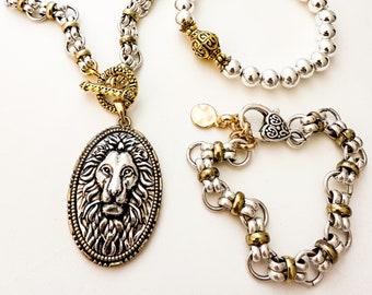 Brave as a Lion, Gold and Silver Lion Pendant, Gold and Silver Chain, Choker