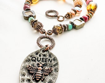 Statement Queen Bee Beaded Necklace | Glass Beads | Custom Beads | Silver Spoon Queen Bee | Colorful Glass Beads | Copper Accents