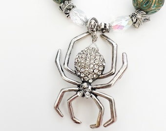 Halloween Rhinestone Spider Necklace | Crystal Necklace | Halloween Jewelry | Blingy Halloween Necklace | Silver Chain and Beaded Necklace