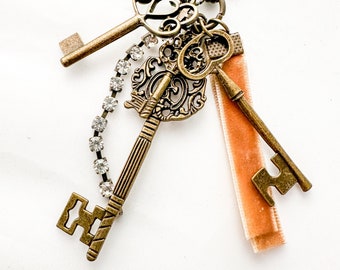 You Key Hole, Pewter, Antique Bronze, Square Lock and Key Tassel Necklace