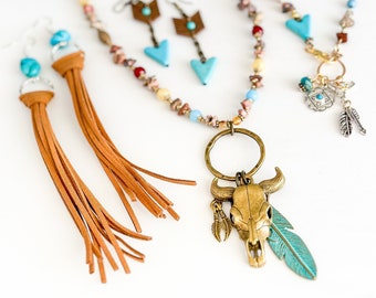 Bronze Cow Skull | Turquoise Feather | Beaded Chain Necklace