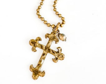 Bronze Fluery Cross / Large Antique Bronze Cross Necklace.