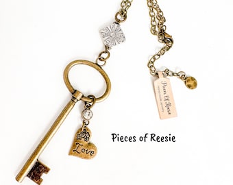 Bronze Key | Heart | Silver Bead | Love Charm Fashion Necklace