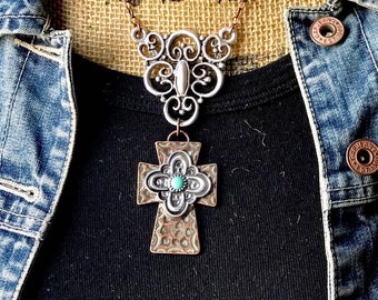 Western Necklace | Turquoise Necklace | Cowgirl Necklace | Bronze Cross | Gothic Cross |Large Ornate Pendant | Southwestern Jewelry