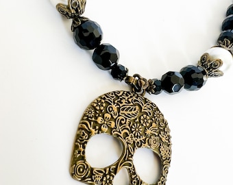 Sugar Skull Necklace | Antique Bronze Sugar Skull | Day of The Dead | Día de los Muertos | Halloween Jewelry | Halloween Necklace | Skull