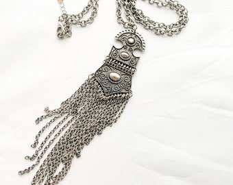 Long Silver, Boho, Siver chained tassel necklace