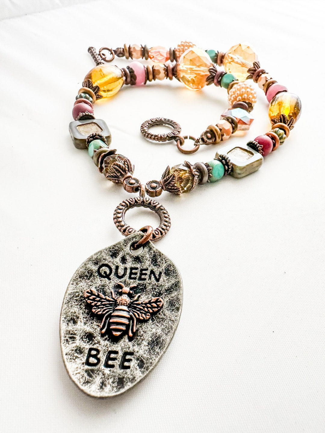 Statement Queen Bee Beaded Necklace Glass Beads Custom Beads Silver Spoon Queen Bee Colorful