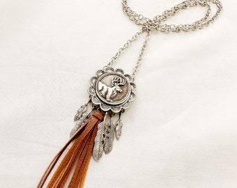 Long Silver Chain, Silver Deer, Leather Tassel, Deer Season Necklace