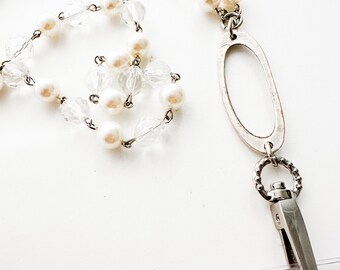 Long, Pearl and Crystal Chain Lariate with Hand-Stamped Turkish Silver Oval Detail