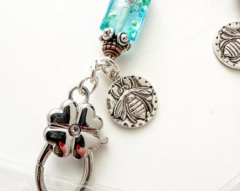 Blue Bead | Blue Bead Flower Detail | Bee Charm | Queen Bee |  Silver Lanyard |  Badge Holder | Badge Reel | Work Assessory