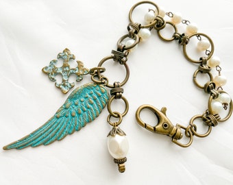 Industrial Bronze Link, Pearl, and Patina'd Copper Feather/Cross bracelet