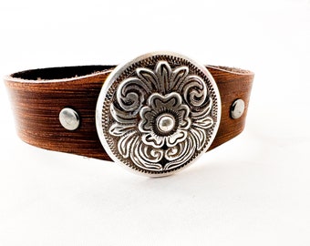 Silver Concho | Leather Cuff