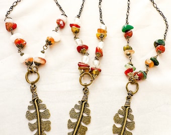 Industrial Vintage, Fall Colored Stones, Antique Bronze Leaf, Long Necklace