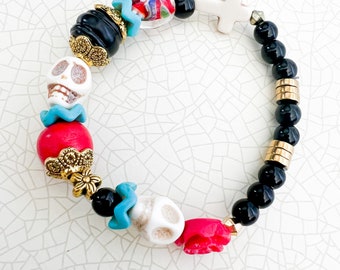 Sugar Skull Bracelet | Day of the Dead Bracelet | Dia de Los Muertos Pulsera | Red Rose Beads | Sugar Skull Beads | Beaded Bracelets