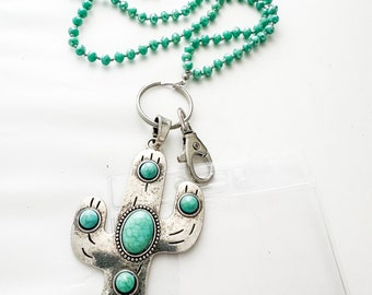 Turquoise | Silver | Cacti | Cactus | Teal Lanyard | Badge Holder | Name Badge