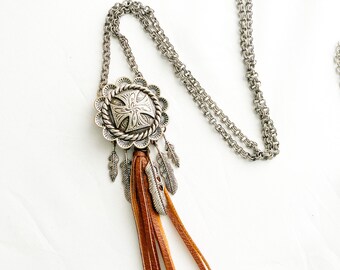 Western Cross, Silver and Leather, Silver Feather Tassel, Long Necklace