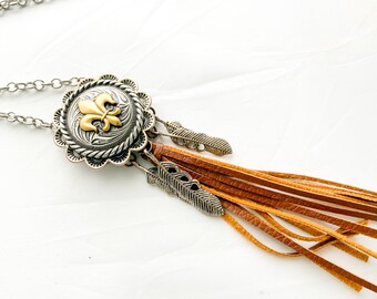 Western Silver and Fleur de lis Necklace with Leather Tassel.