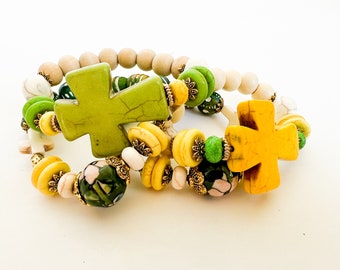 Sugar Skull Bracelets | Day of the Dead Bracelets | Dia de Los Muertos Pulsera | Green Yellow Cross Bracelets | Assorted Halloween Bracelets