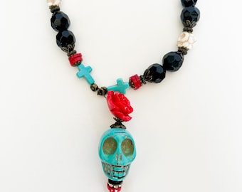 Day of the Dead Necklace | Day of the Dead Jewelry | Dia de Los Muertos | Sugar Skull Necklace | Red Rose Turquoise Skull Pendant