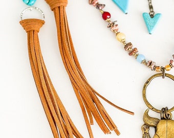 Turquoise and Leather Tassel Western Boho Earrings