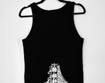 May include: Black tank top with a white anatomical illustration of a human spine on the back.