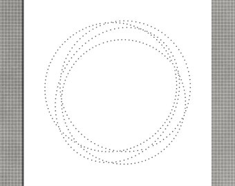 Puede incluir: Una imagen en blanco y negro de un diseño circular con cuatro círculos concéntricos de puntos. El diseño está sobre un fondo blanco. El texto "Going in Circles Cut & Stitch" está en la parte inferior de la imagen.