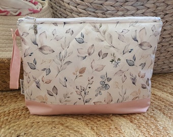 Nappy Wallet / Nappy Clutch / Nappy Bag - Botanical Leaf with Petal Pink Contrast