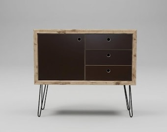 Aparador de estilo retro de mediados de siglo, hecho a mano con madera reciclada sostenible, con cajones y puertas.