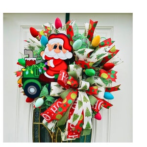 Santa Claus Tractor Wreath: Country Christmas Porch Decor
