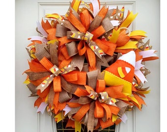 Candy Corn Mesh Wreath for Door, Halloween Candy Doorhanger for Porch, Fall Candy Decor, Simple Fall Wreath