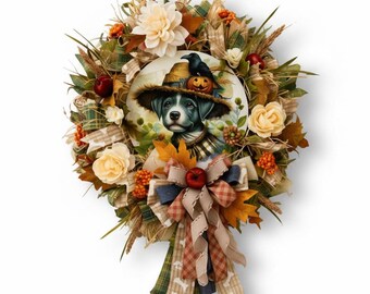 Fall Dog Wreath for Front Door, Autumn Puppy Wreath, Scarecrow Dog Decor, Rustic Farmhouse Fall Wreath, Thanksgiving Door Decor