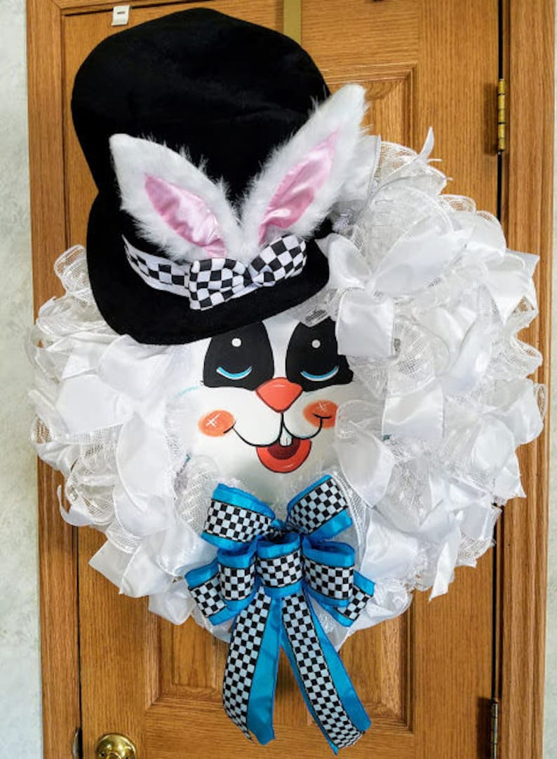 Spring Door Decor Spring Wreath Whimsical Bunny Face Wreath Bunny Decor White Bunny Mesh Wreath Easter Bunny Decor Easter Wreath