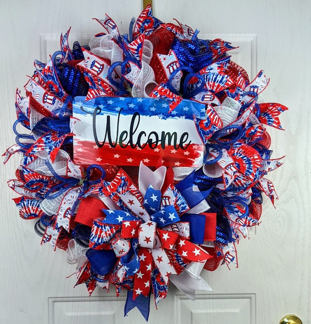 Patriotic Welcome Wreath, 4th of July Door Decor, Red White Blue Wreath ...