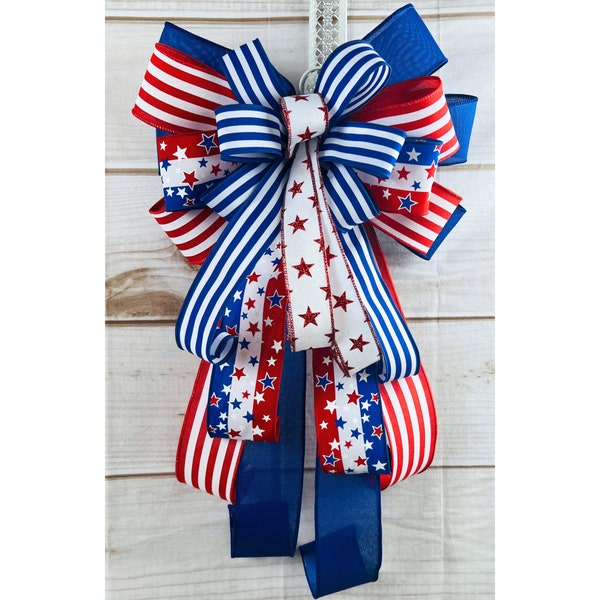 Bright and Bold Stars and Stripes Patriotic Wreath Bow, 4th of July Bow, Veterans Day Bow for Wreath, Lantern bow, Patriotic Tree Bow