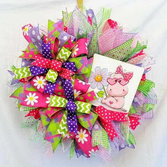 Hippopotamus Mesh Wreath Girls Bedroom Decor Nursing Home Door Decoration