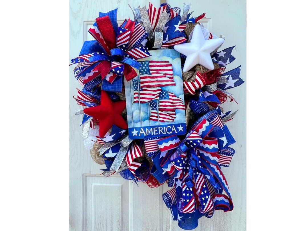 Patriotic American Flag Wreath: Red White Blue USA Door Decor - Etsy