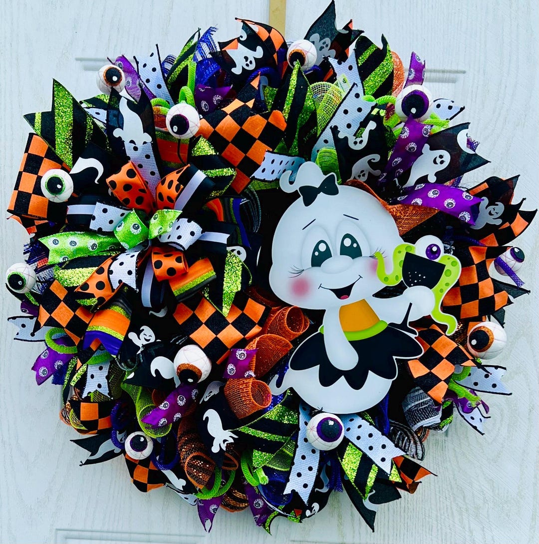 Cute Ghost Halloween Wreath With Fun Ribbon Accents and Eyeballs for ...