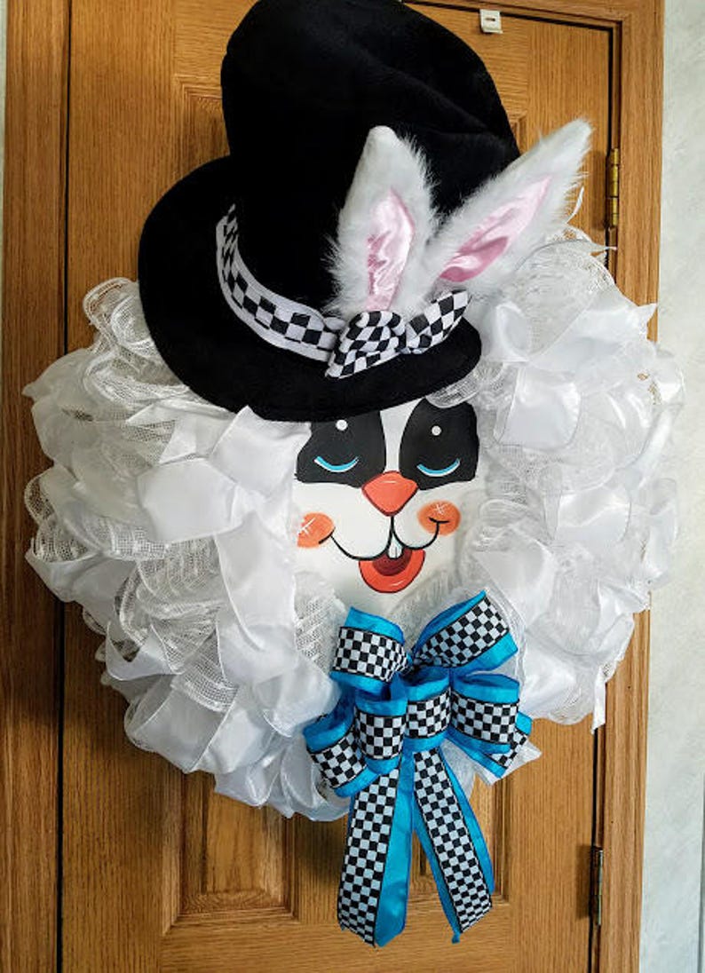 Spring Door Decor Spring Wreath Whimsical Bunny Face Wreath Bunny Decor White Bunny Mesh Wreath Easter Bunny Decor Easter Wreath