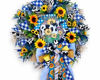 Cow Wreath for Front Door, Farmhouse Cow Wreath, Sunflower Wreath, Cow Lover Gift, Rustic Farmhouse Decor