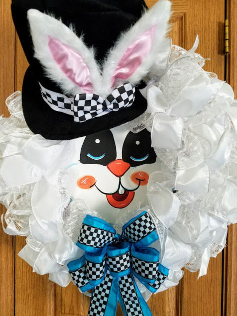 Spring Door Decor Spring Wreath Whimsical Bunny Face Wreath Bunny Decor White Bunny Mesh Wreath Easter Bunny Decor Easter Wreath