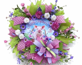 Mothers Day Pig Wreath, Farm Animal Door Decor, Spring Front Door Wreath, Floral Farmhouse Wreath, Gift for Mom, Pink Spring Decor