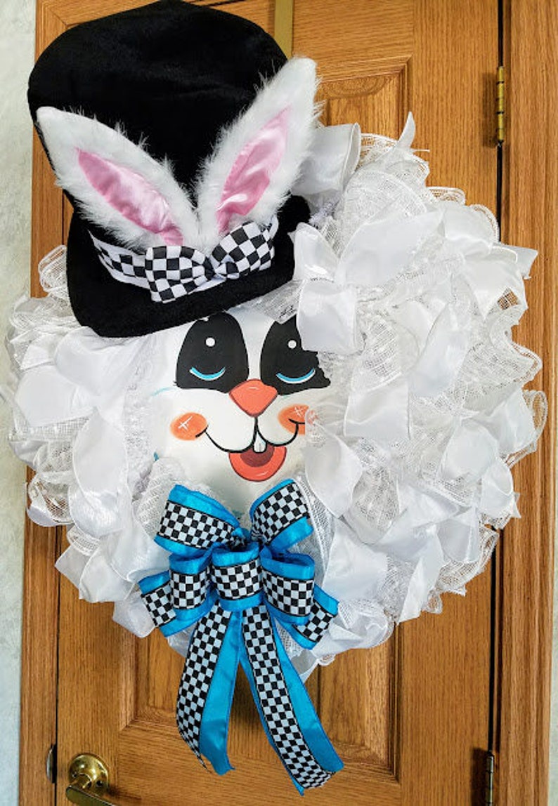 Spring Door Decor Spring Wreath Whimsical Bunny Face Wreath Bunny Decor White Bunny Mesh Wreath Easter Bunny Decor Easter Wreath
