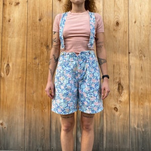 Vintage Suspender Overall Jean Shorts w/ Floral Print