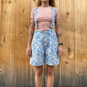 Vintage Suspender Overall Jean Shorts W/ Floral Print